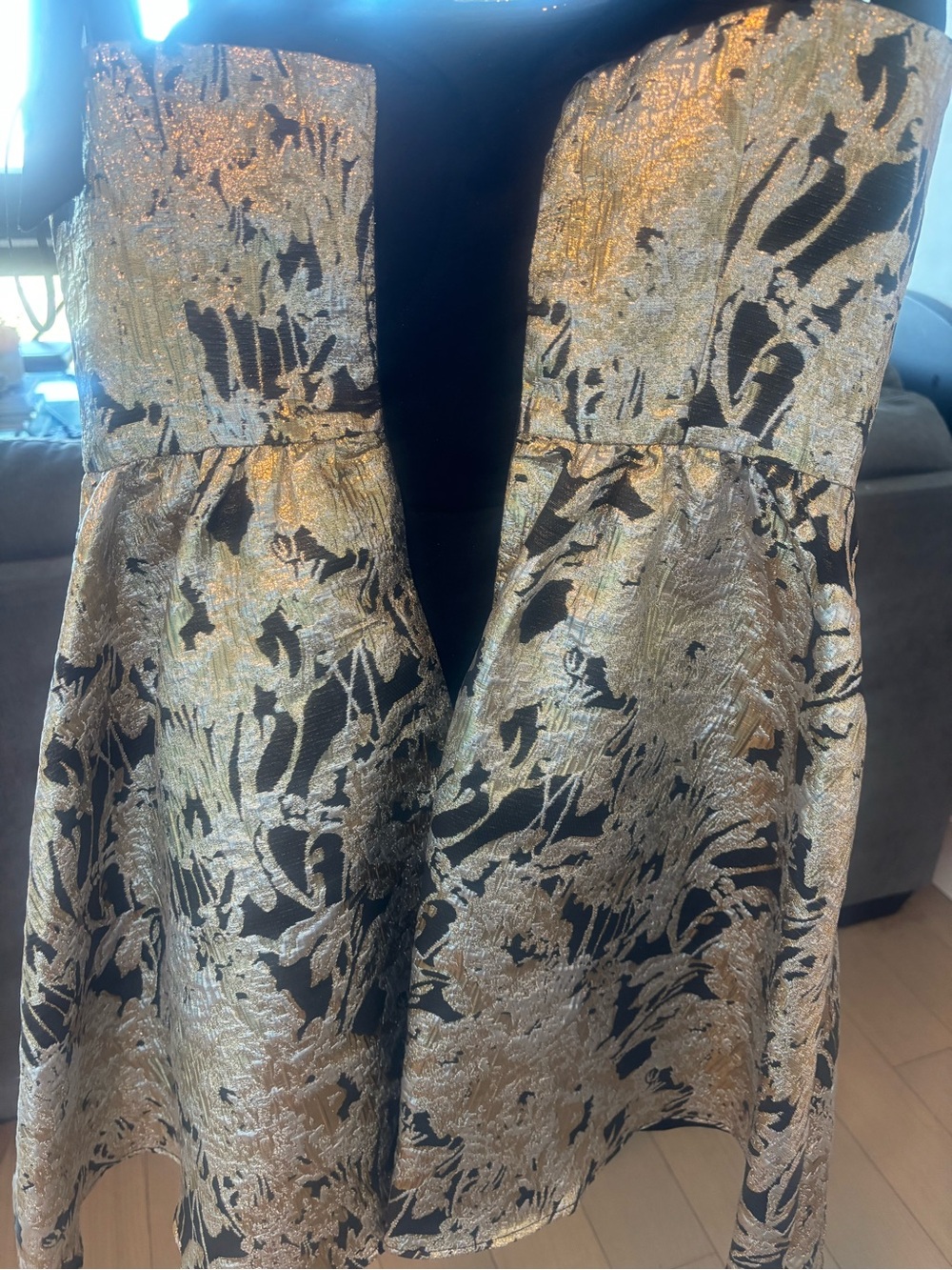 CeCe Metallic Gold and Black Strapless Brocade Dress